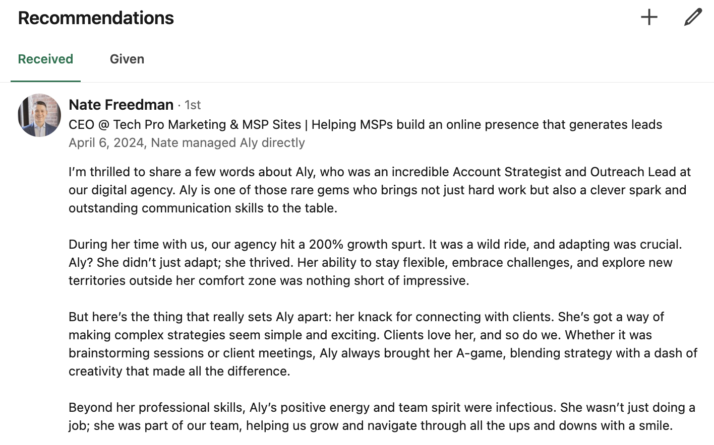 Nate Freedman Recommendation